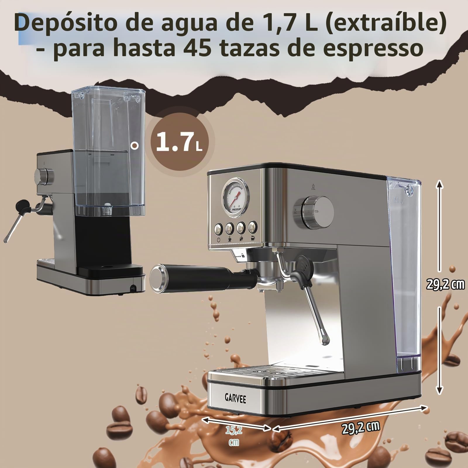 Acekool Cafetera Semiautomática 20 Bares Acero Inoxidable Diseño Europeo | Termobloque rápido, depósito 1,7L y vaporizador 360 grados.