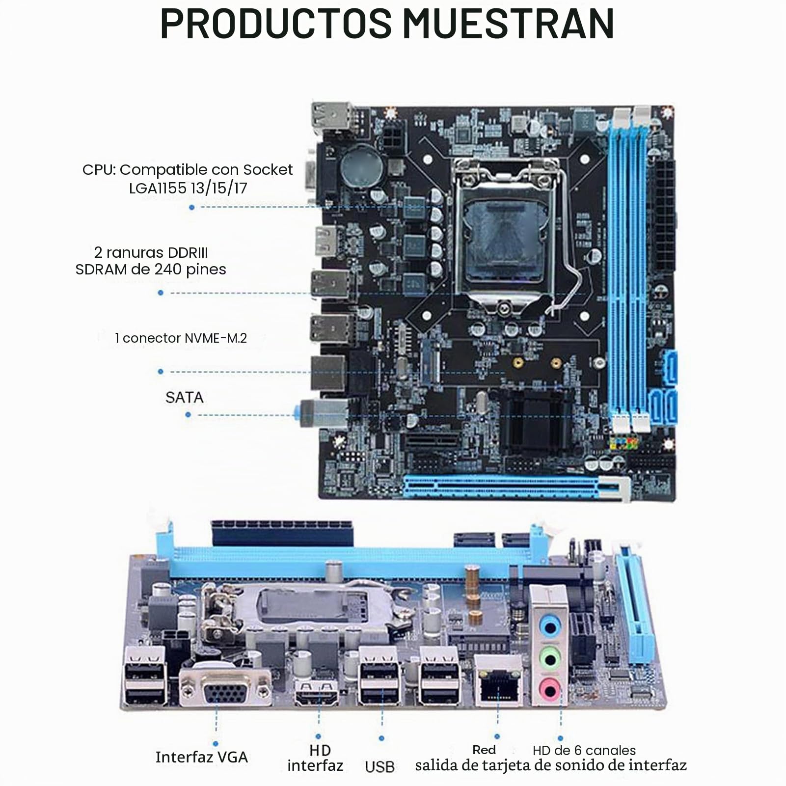 Dpofirs Placa Base de Escritorio, LGA 1155 CPU Ranura de 2.ª Generación Placa Base DDR3 de Doble Canal con Alimentación Trifásica, Salida HD VGA, Micro ATX para Juegos