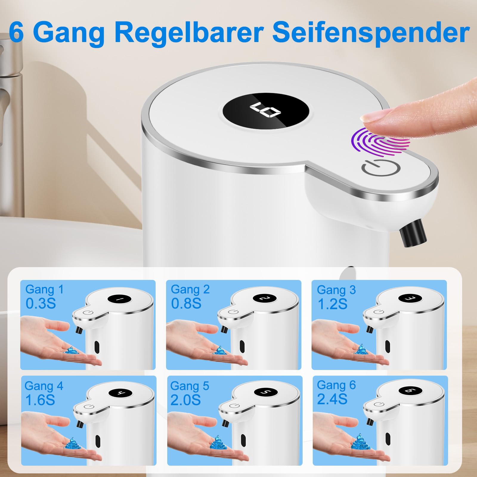 Fantictas Dozownik mydła automatyczny, elektryczny dozownik mydła z wyświetlaczem, ładowany przez USB, 6-stopniowa regulacja, 380 ml, montaż na ścianie, do łazienki/kuchni/płynu do mycia