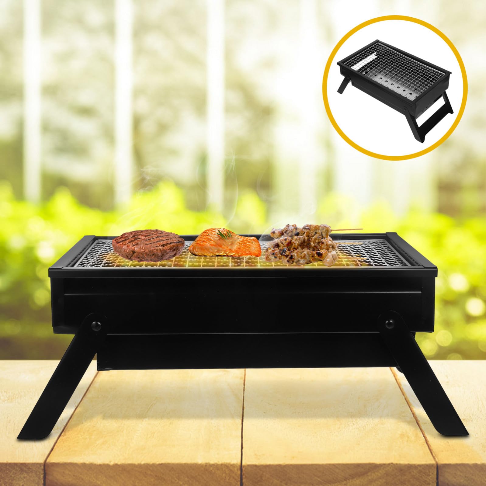 Griglia Barbecue Portatile Pieghevole in Acciaio Inox Nero | Cassetto Carbone Estraibile, Compatta e Leggera, per Cottura Efficiente in Gruppo da 1-3 Persone