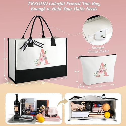 Miniatura 4 de Regalos personalizados para Navidad, regalos de cumpleaños iniciales florales para mujeres, bolsa de lona de monogramo con bolsa de maquillaje,