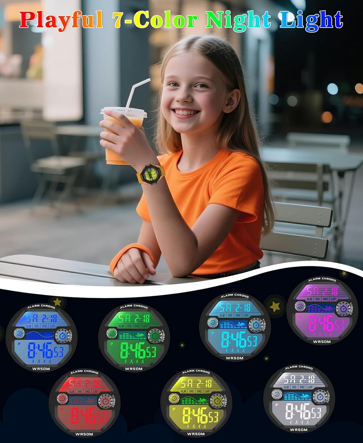Kids Digital Watch for Boys Girls,2 Interchangeable Silicone Straps, 50M Waterproof & Shockproof Sports Watch with 7-Color LED Backlight, Alarm, Stopwatch, Calendar (Ages 5-18) - Image 6