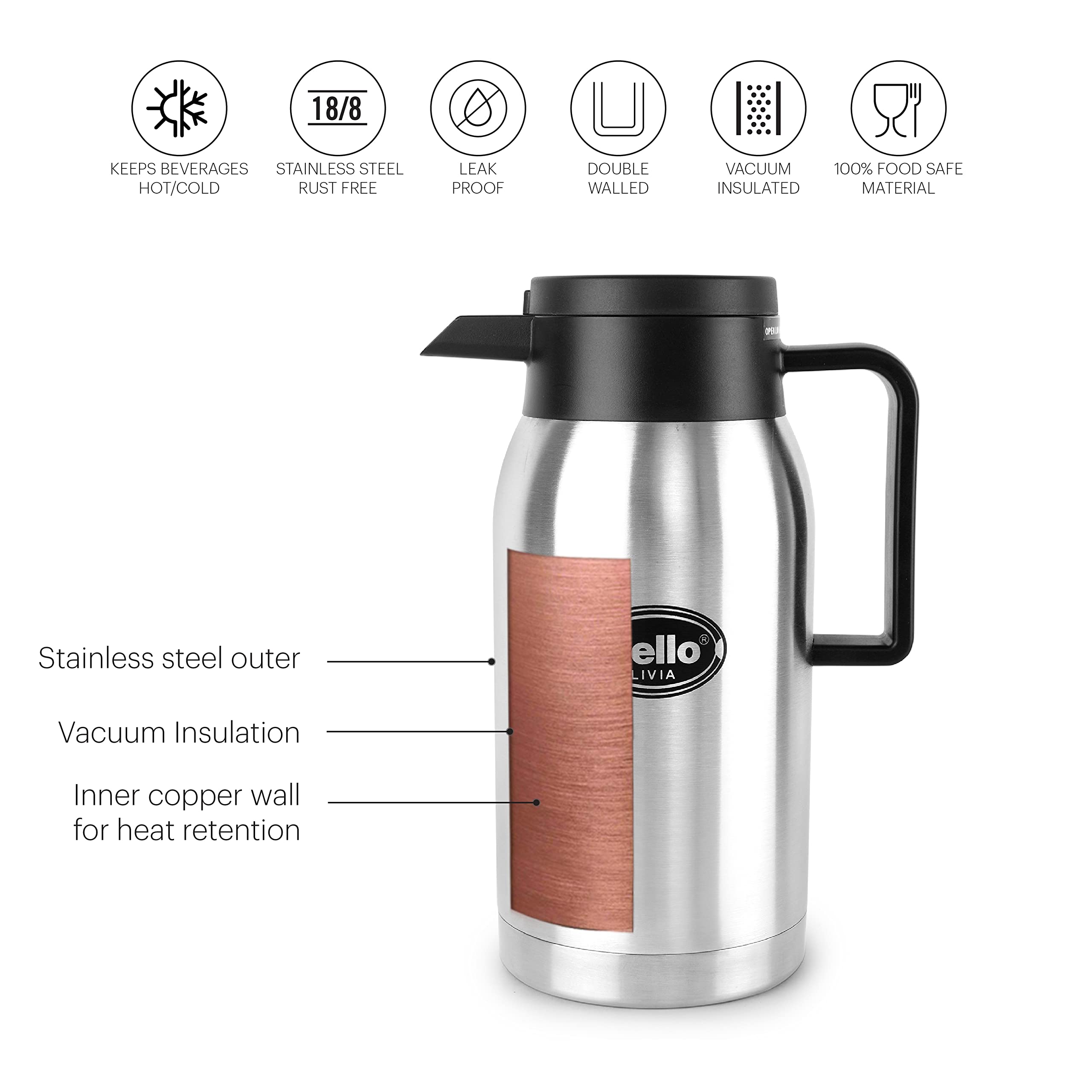 Cello Livia Stainless Steel Carafe, 750ml, Silver - Image 4 thumbnail