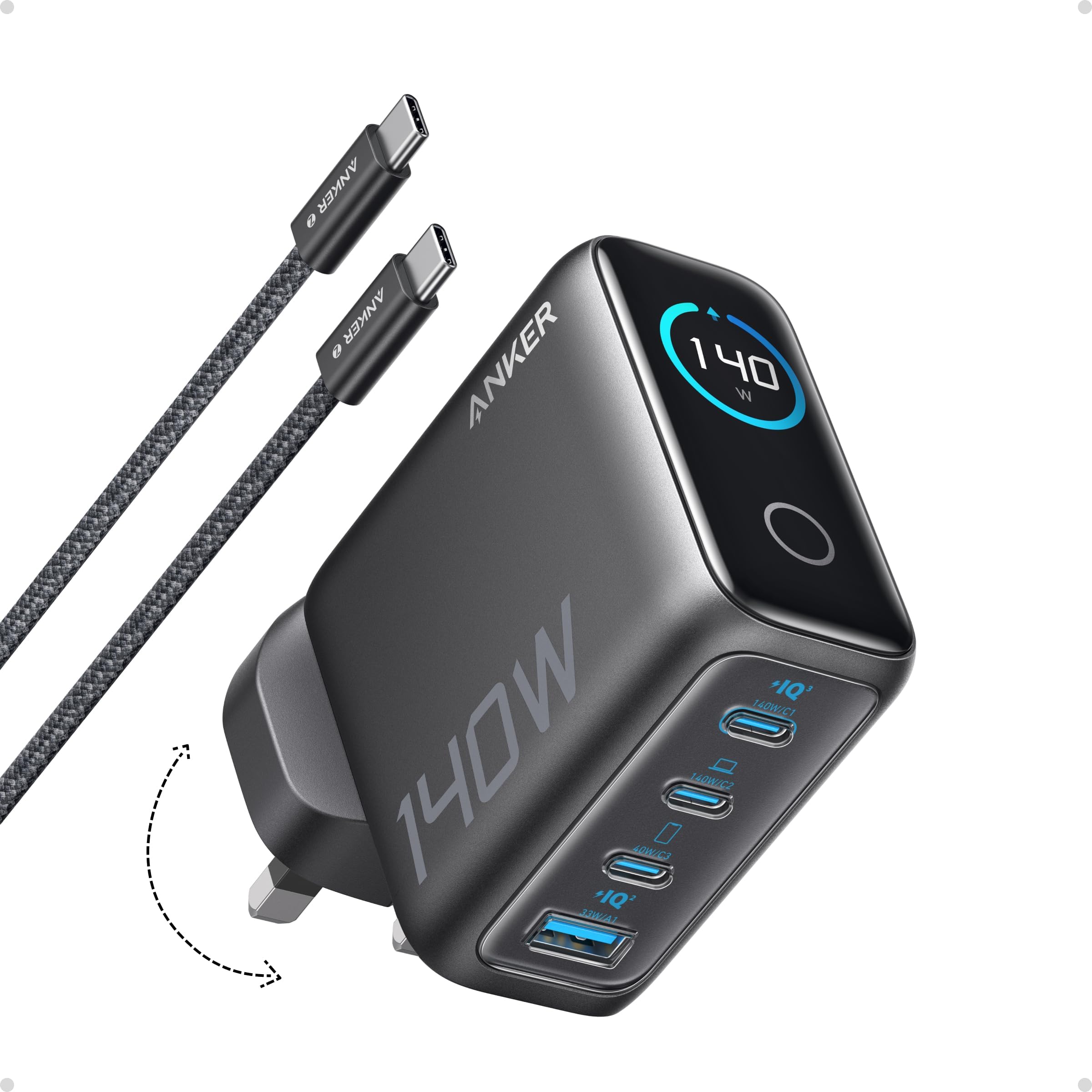 140W USB C Charger, Anker Laptop Charger, 4-Port Multi-Device Fast Charging, Advanced GaN Power Adapter, Intuitive Touch Controls, Compatible with MacBook, iPhone 17 Series, Samsung, Pixel, and More