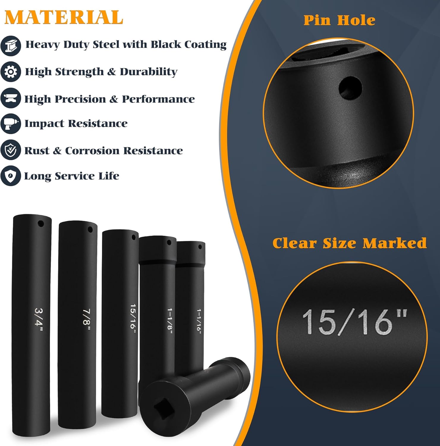 6.75 Inch Long Extended Length Impact Socket Set 1/2 Inch Drive Extra Deep Sockets Heavy Duty Steel With Hex Sizes 3/4" 7/8" 15/16" 1-1/16" 1-1/8" 1-1/4" for High Torque Use 6PCS