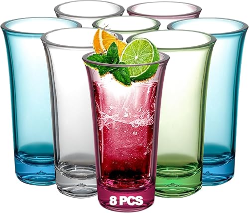 Juego de chupitos multicolores, juego de 8 vasos de chupito de 2 onzas, base gruesa, acrílico resistente, diseño transparente, perfecto para tequila