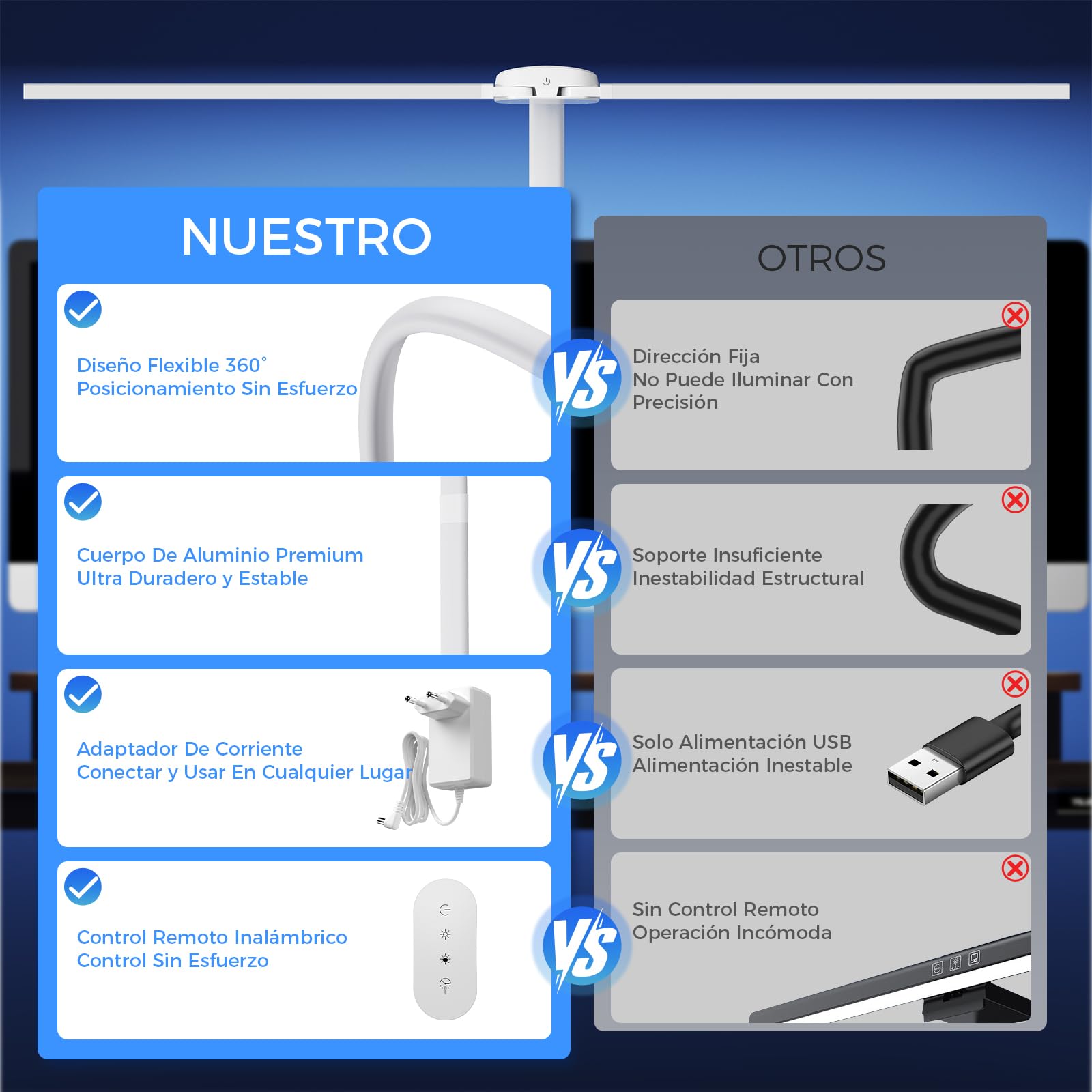 W01 Lampara de Escritorio de LED con Control Remoto - 24W 1400LM 80CM Flexo LED Escritorio con Pinza Luz Leer Puerto de carga USB para Estudiar, Oficina, Blanco