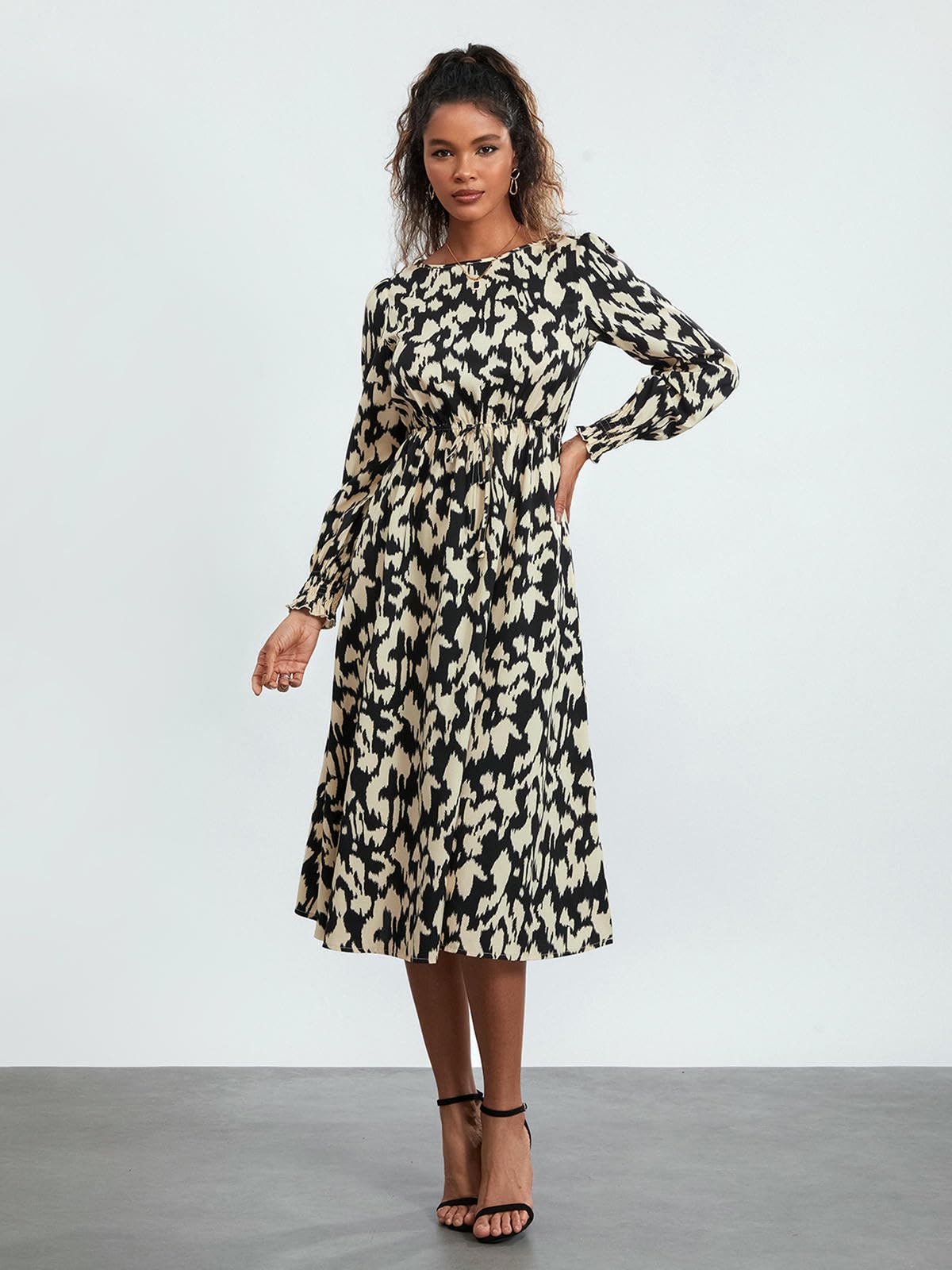 Vestiti a Maniche Lunghe Abito Maxi Manica Lunga da Donna, Banda per Stampa Casual, Cocktail A-Line Club Feste E Spiaggia, Un Elegante Vestito Streetwear