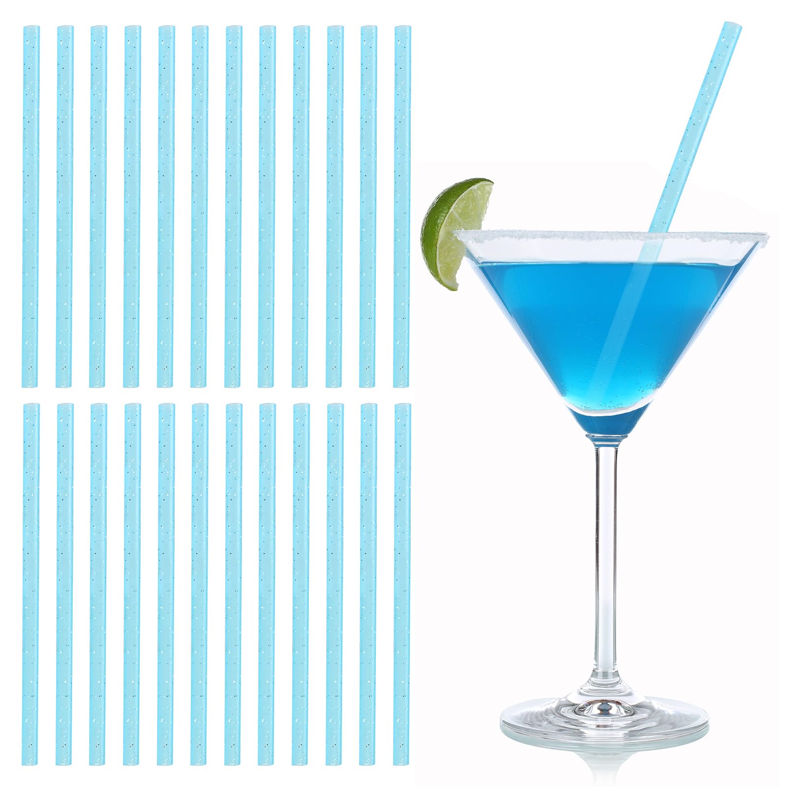 BEIMEIII Short Straws for Cocktail 140x6mm Mini PP Glitter Drinking Straws Reusable Blue Sparkle (25 Pack)