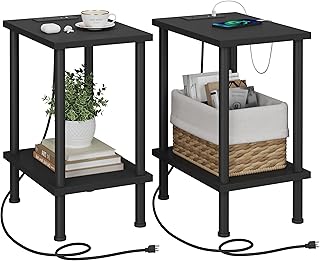 Side Table with Charging Station, Set of 2 End Tables with USB Port and Outlets, Nightstands with 2-Tier Storage Shelves and Metal Legs, Sofa Table for Small Space, Living Room, Bedroom UTBT105W2