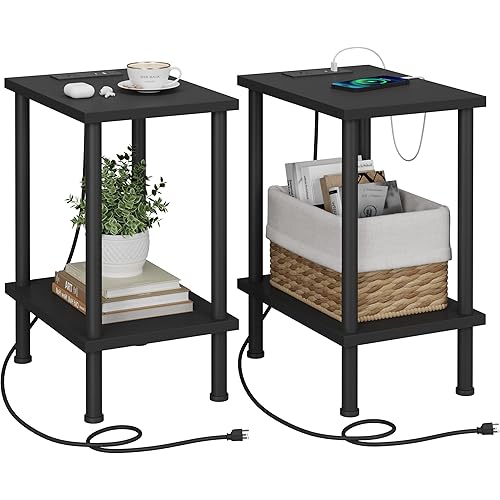 Side Table with Charging Station, Set of 2 End Tables with USB Port and Outlets, Nightstands with 2-Tier Storage Shelves and Metal Legs, Sofa Table for Small Space, Living Room, Bedroom UTBT105W2