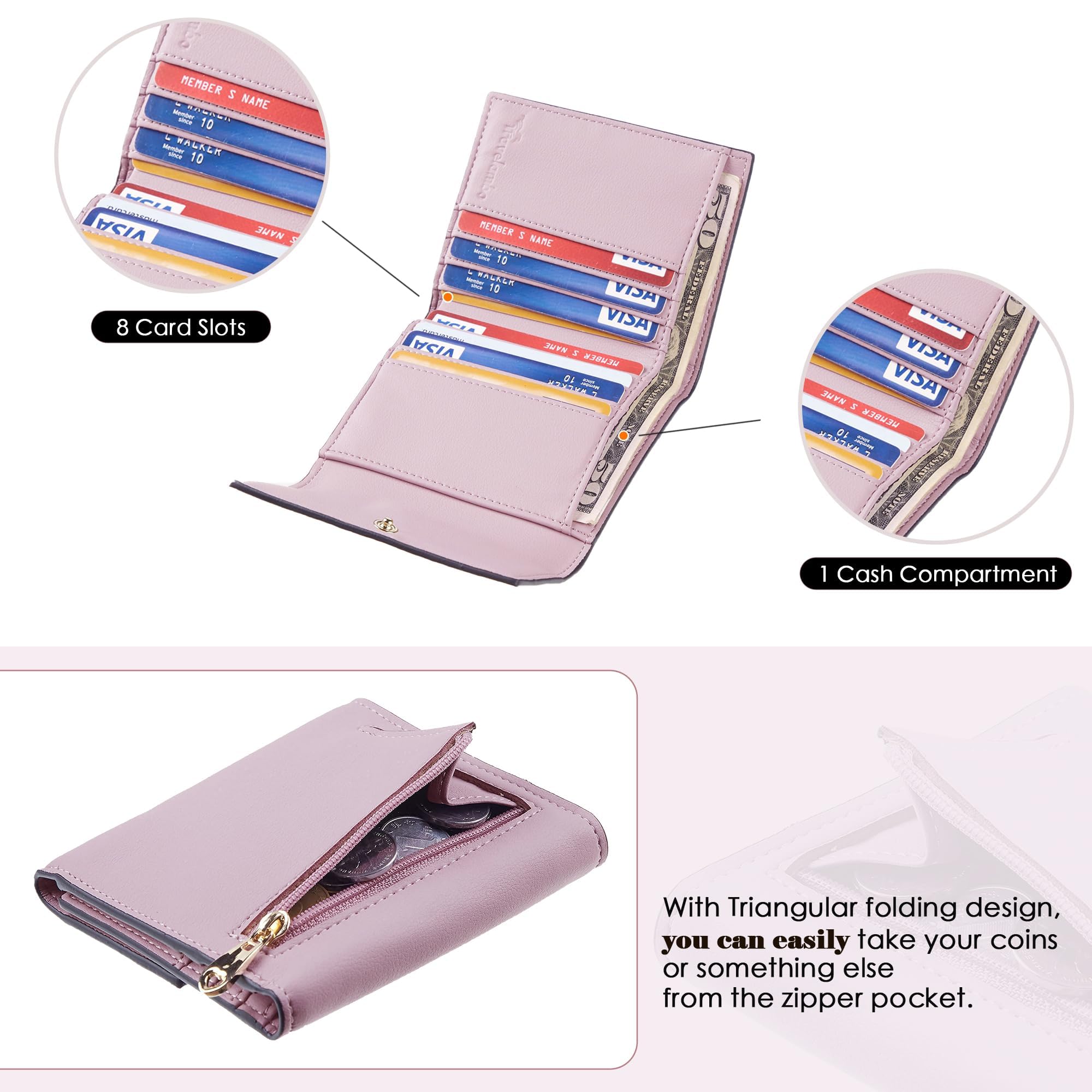 Travelambo RFID Blocking Wallet Women Small Womens Wallet Credit Card Holder Mini Compact Trifold Wallets for Women with Coin Pocket Zipper