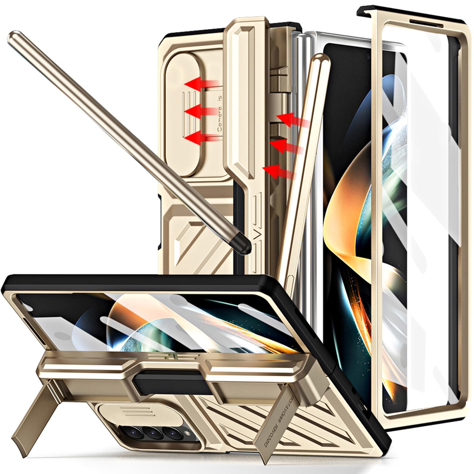 for Samsung Galaxy Z Fold 4 Case with S Pen & Hide Pen Holder, [Slide Camera Cover] [Screen Protector] [Kickstand] TPU + PC Full-Body Dual Layer Protection Phone Case for Z Fold 4 - Gold