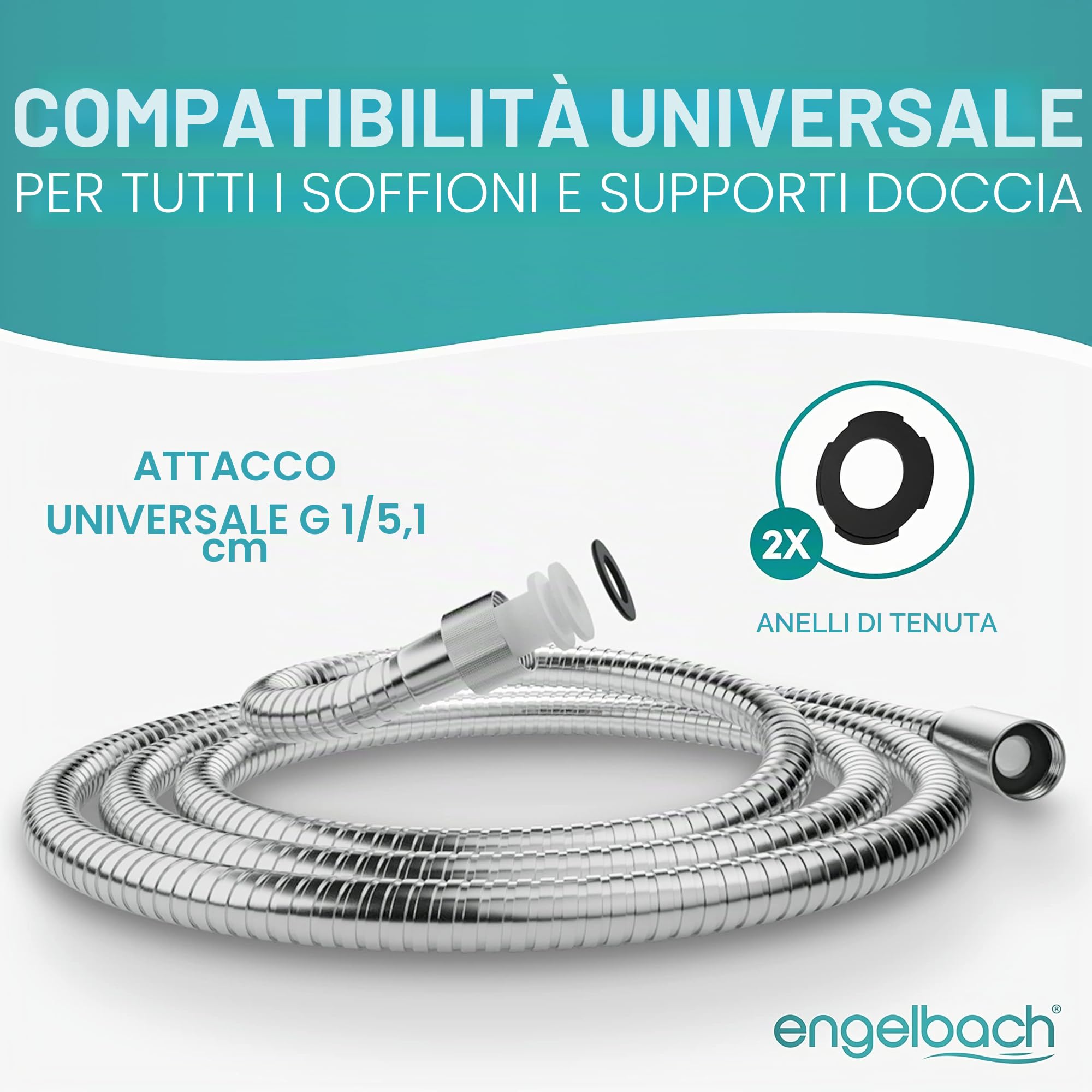 Engelbach® Tubo doccia flessibile 1,5m in acciaio inox - Con attacco standard - Flessibile e testato per l'acqua potabile - Made in Germany
