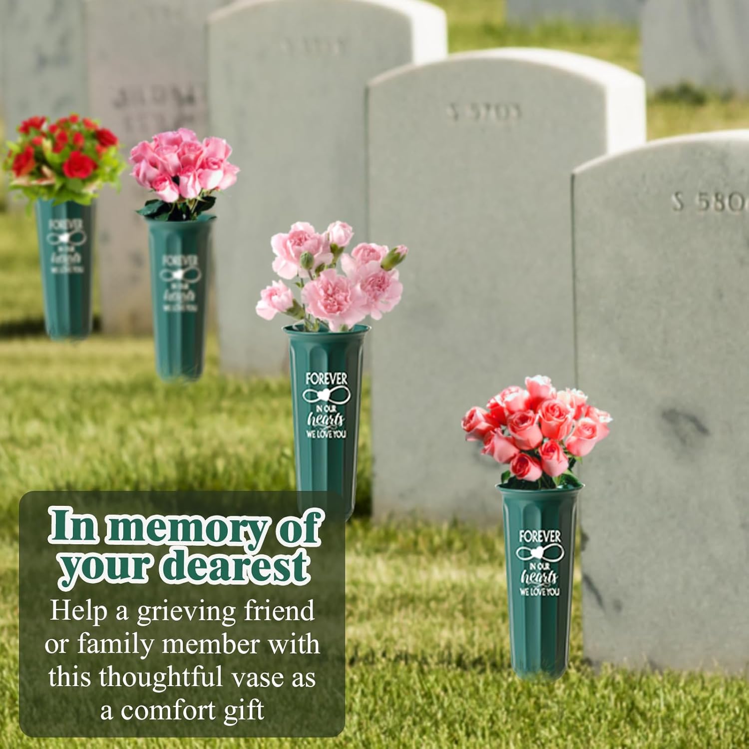 6 Set Spikes Cemetery Vases with Foam Inserts Plastic Green Memorial Floral Vases Grave Decorations for Cemetery Grave Flower Holder Cones(Heart)