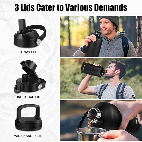 Miniatura 3 de ABOTOCUP Botella de agua de 1 galón aislada con recubrimiento en polvo, jarra de agua de 1 galón con tapas de popote y mango de paracaídas, botella