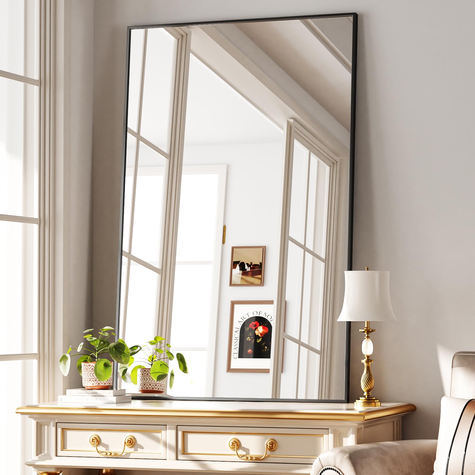 BEAUTYPEAK Specchio da parete rettangolare 120 x 75 cm, telaio in alluminio dorato, infrangibile per bagno, camera da letto, soggiorno