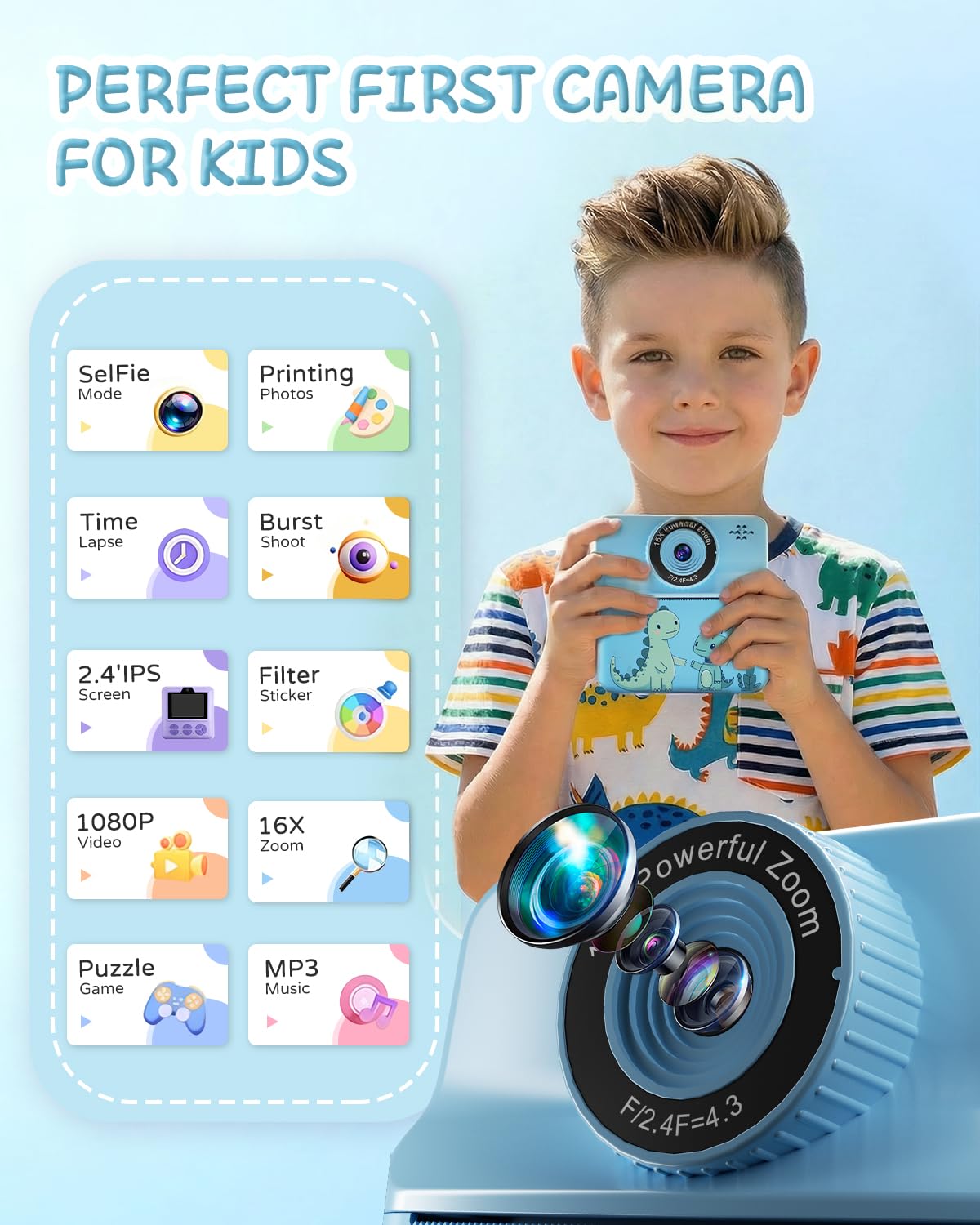 Kids Instant Print Camera, Dual-Lens Digital Video Camera with 32GB SD Card, 5-Color Paper, Portable Carry Case, Christmas Birthday Gift for Boys Girls Ages 3-12