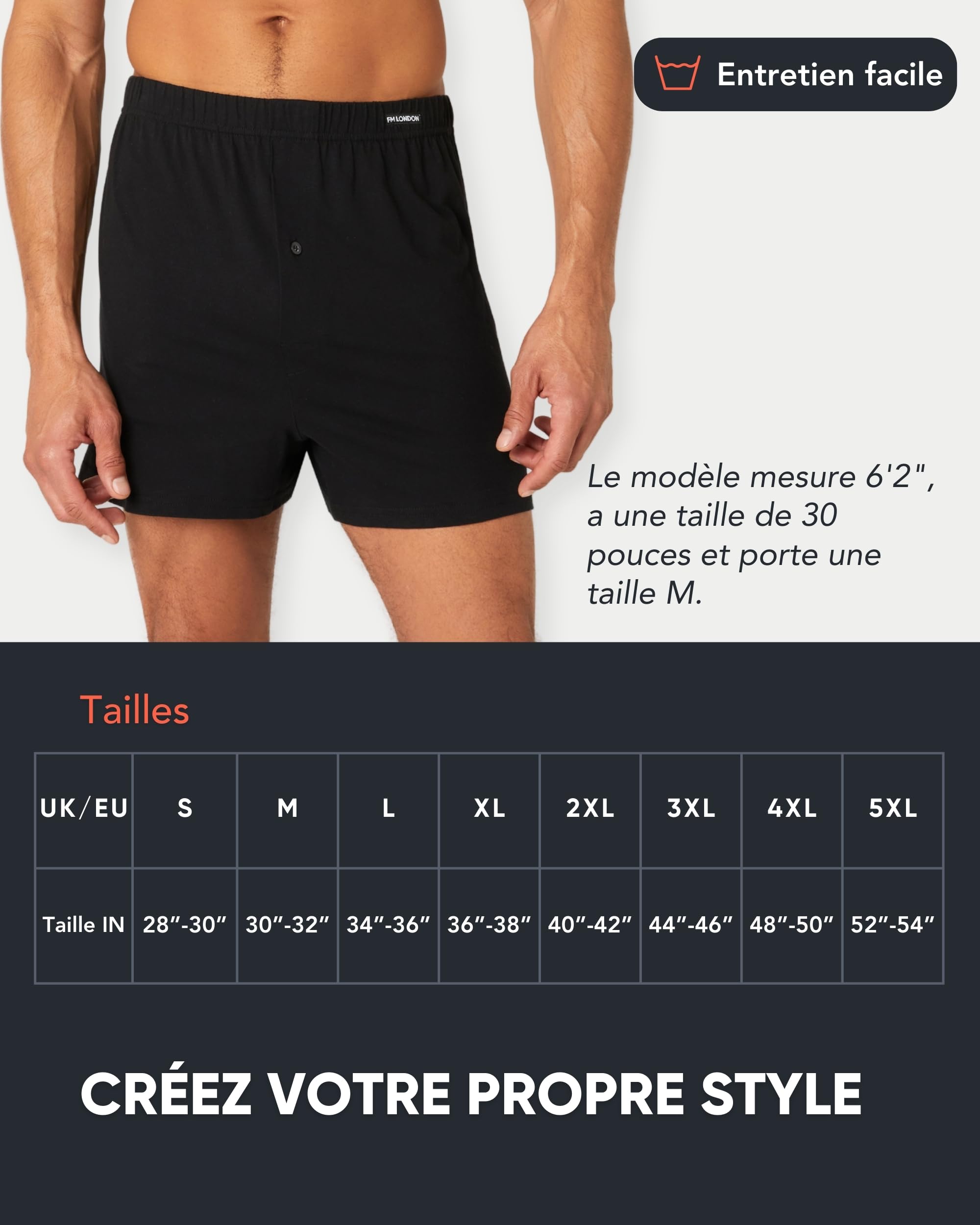FM London Lot de 5 Boxers pour Homme Coupe Ample, Caleçon Parachute pour Homme en Coton, Sous-Vêtements 100% Coton Ultra Doux Couleurs Unies avec Braguette Boutonnée et Ceinture Extensible Confortable