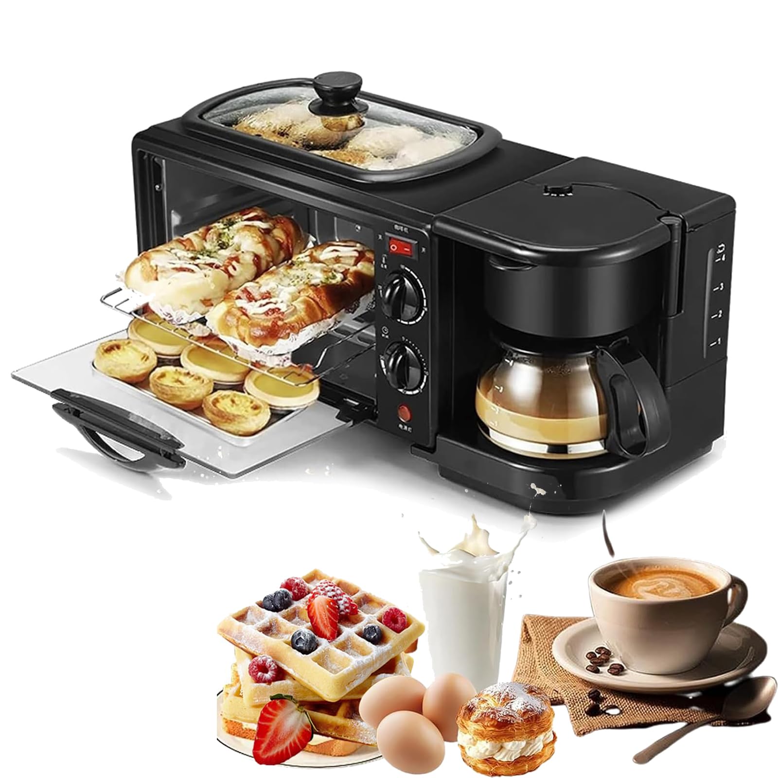 Estación de Desayuno 3 en 1 (9 L), tostadora con sartén, Temporizador de 30 min y Control de Temperatura, cafetera de 600 ml y Olla de 1,2 L, para Apartamentos y cocinas pequeñas, Color Negro
