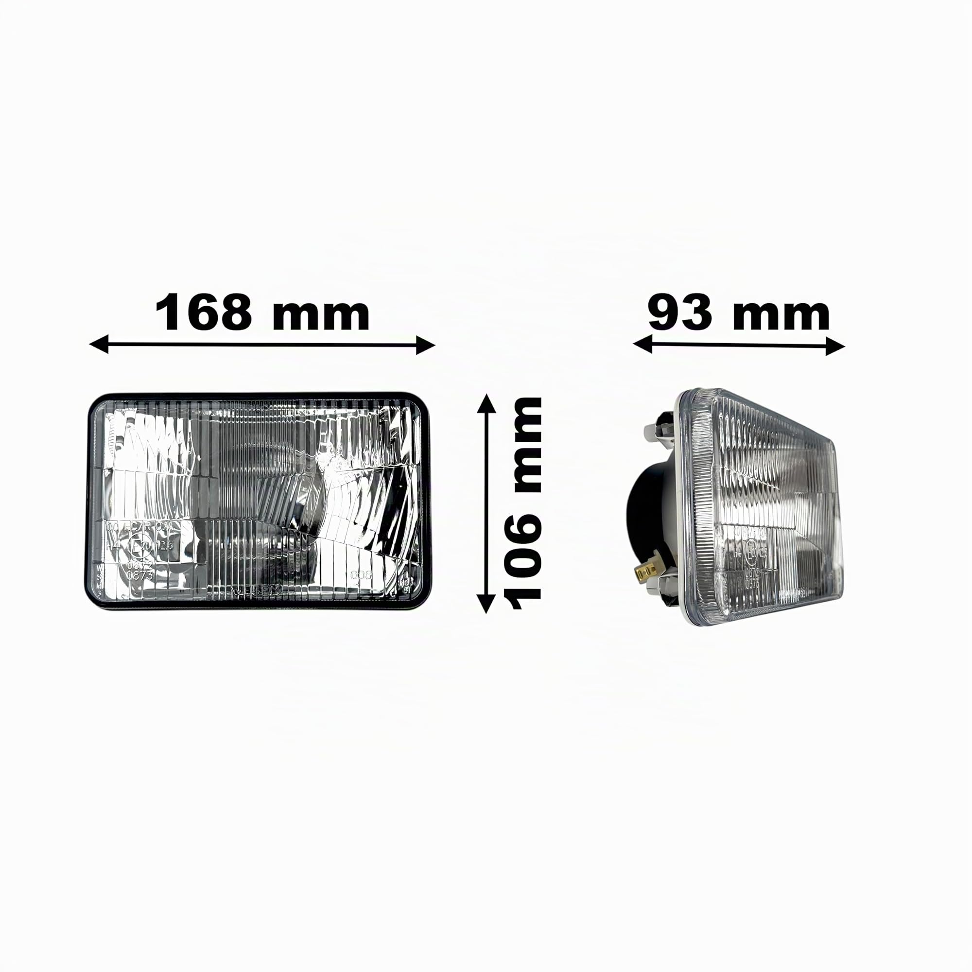 Juego de 2 Faros Delanteros para Tractor Agrícola Universal - H4 12V/24V - Luz de Cruce, Carretera y Posición - Carcasa de Metal y Vidrio - Homologado E20 IP54-168x106mm