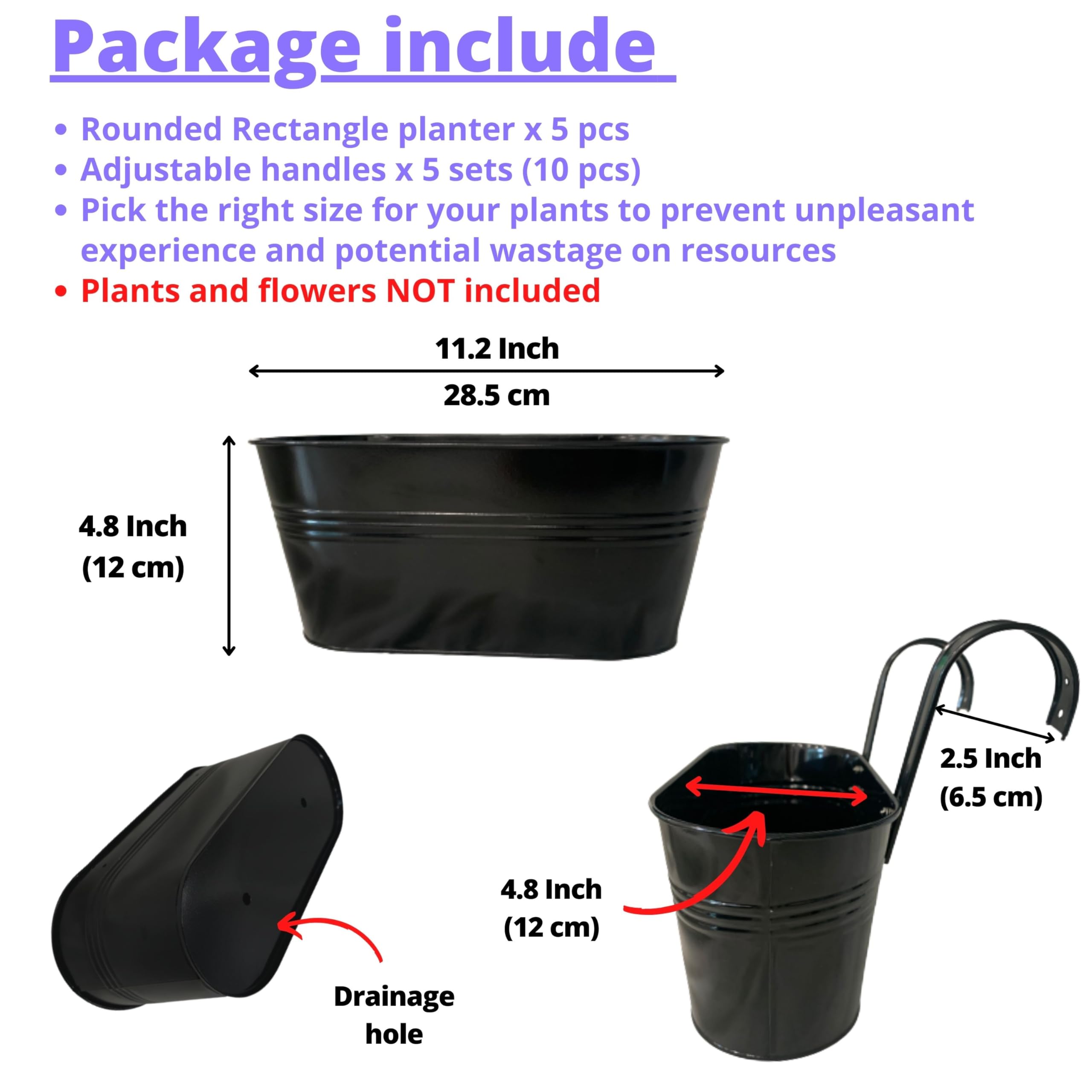 LaLaGreen - Maceta para plantas al aire libre (paquete de 5, 11.2 pulgadas), macetas colgantes de hierro de metal negro, barandillas de cubierta, cubos de valla, estilo bohemio moderno, montaje en