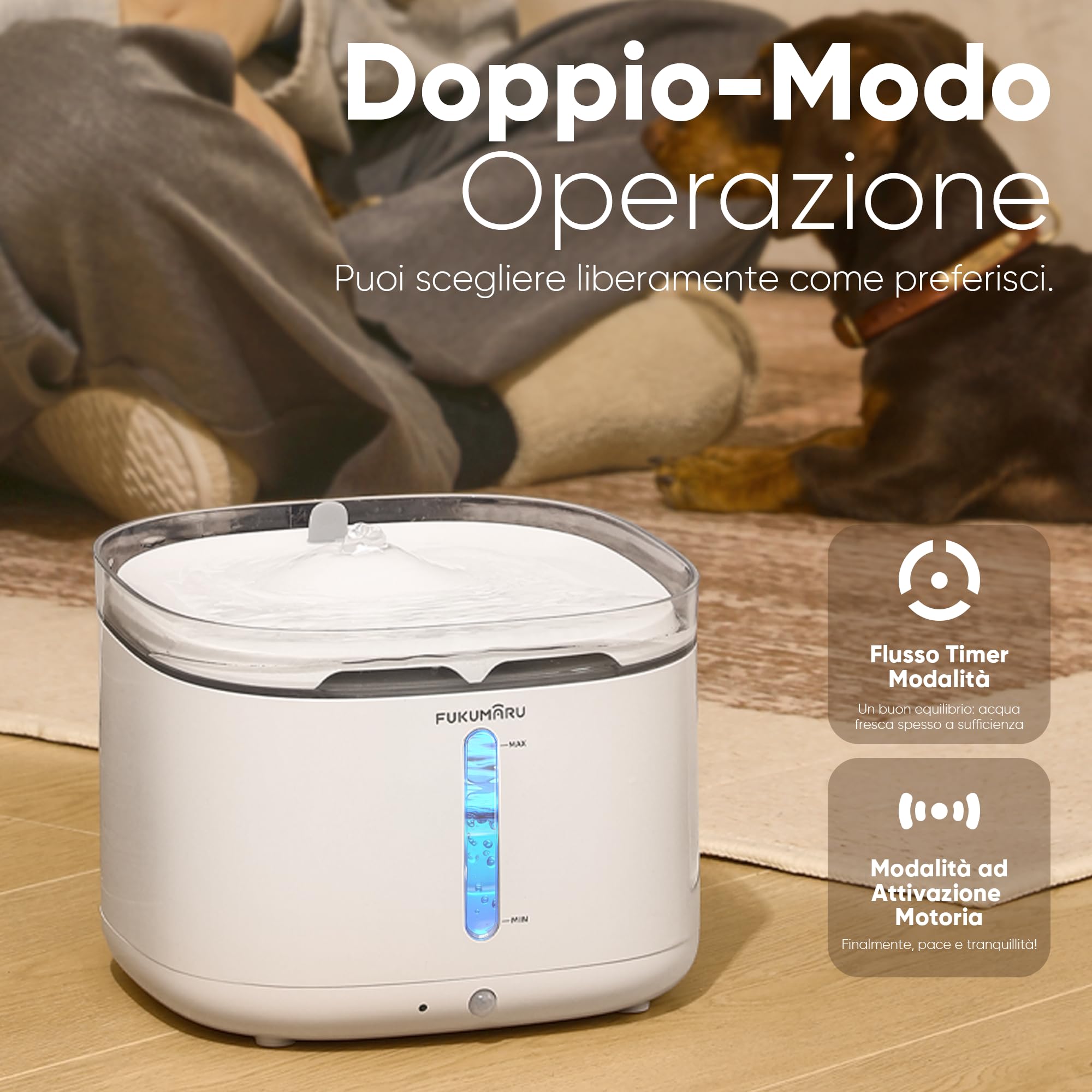 FUKUMARU Fontanella per Gatti Senza Fili, 2L Ultra Silenziosa Fontana per Gatti a Batteria con Sensore di Movimento, Dispenser Acqua Silenzioso, Luce LED Intelligente, Abbeveratoio Gatto Automatico.