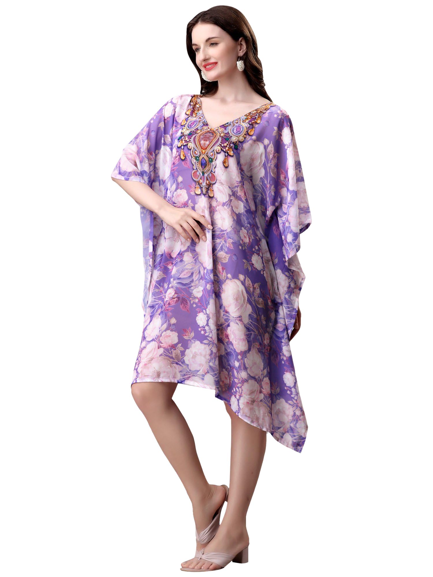 Dahlia Purple Georgette Short Kaftan with Floral Print Lightweight Casual Wear & Travel Outfitfor Women's-image-7