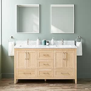 Signature Hardware 955154-60-RUMB-1 Arrietty 60" Freestanding Bamboo Double Basin Vanity Set with Cabinet, Vanity Top, and Rectangular Undermount Sinks -Double Faucet Hole - Natural Bamboo/Carrara