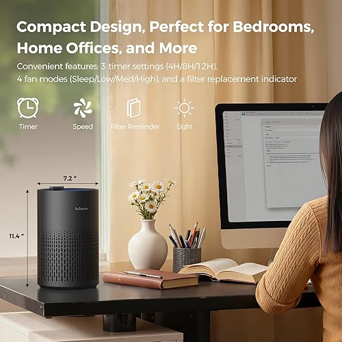 Miniatura 8 de Purivortex Purificadores de aire para el hogar, filtro de aire HEPA silencioso para polen, humo, polvo, caspa de mascotas, olor, cabello, cubre Negro