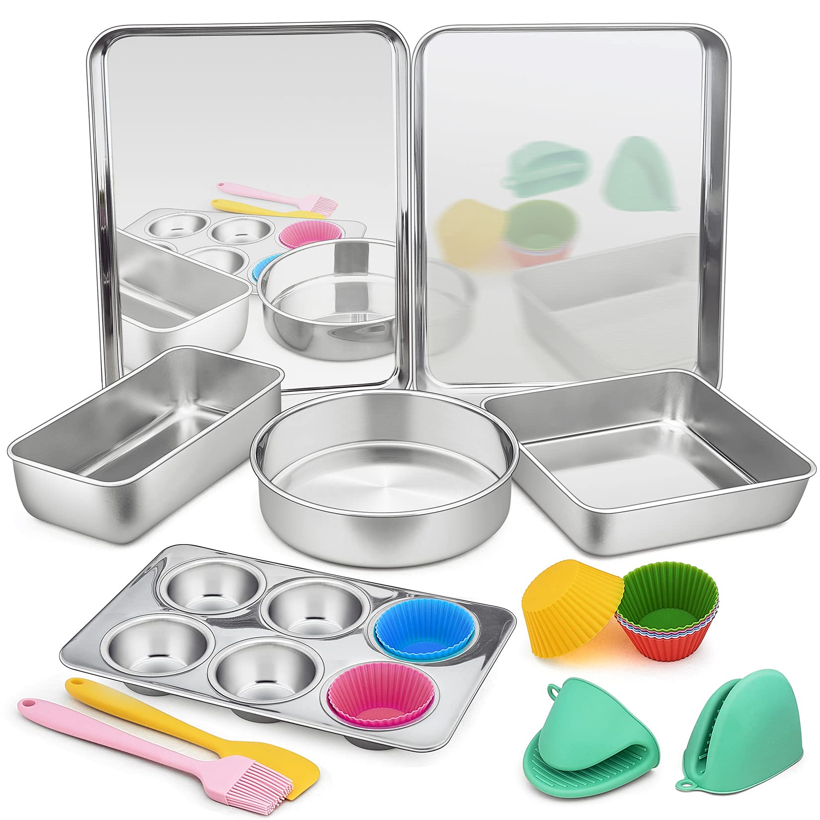 16 Pcs Bakeware Set, P&P CHEF Stainless Steel Bakeware With Kitchen Tools, Include Baking Sheet/Lasa