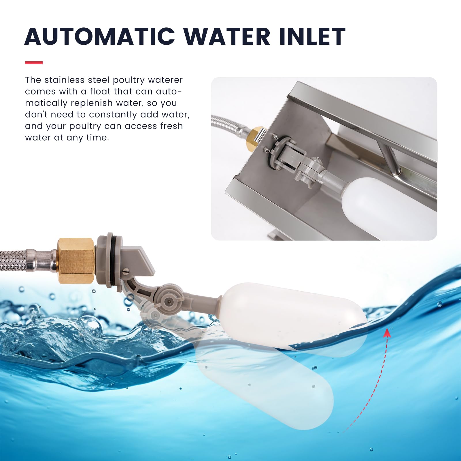 Dispensador automático de agua para pollos de acero inoxidable, dispensador de agua para palomas con válvula flotante, agua de llenado automático, fuente de riego para pollo, pato, ganso,