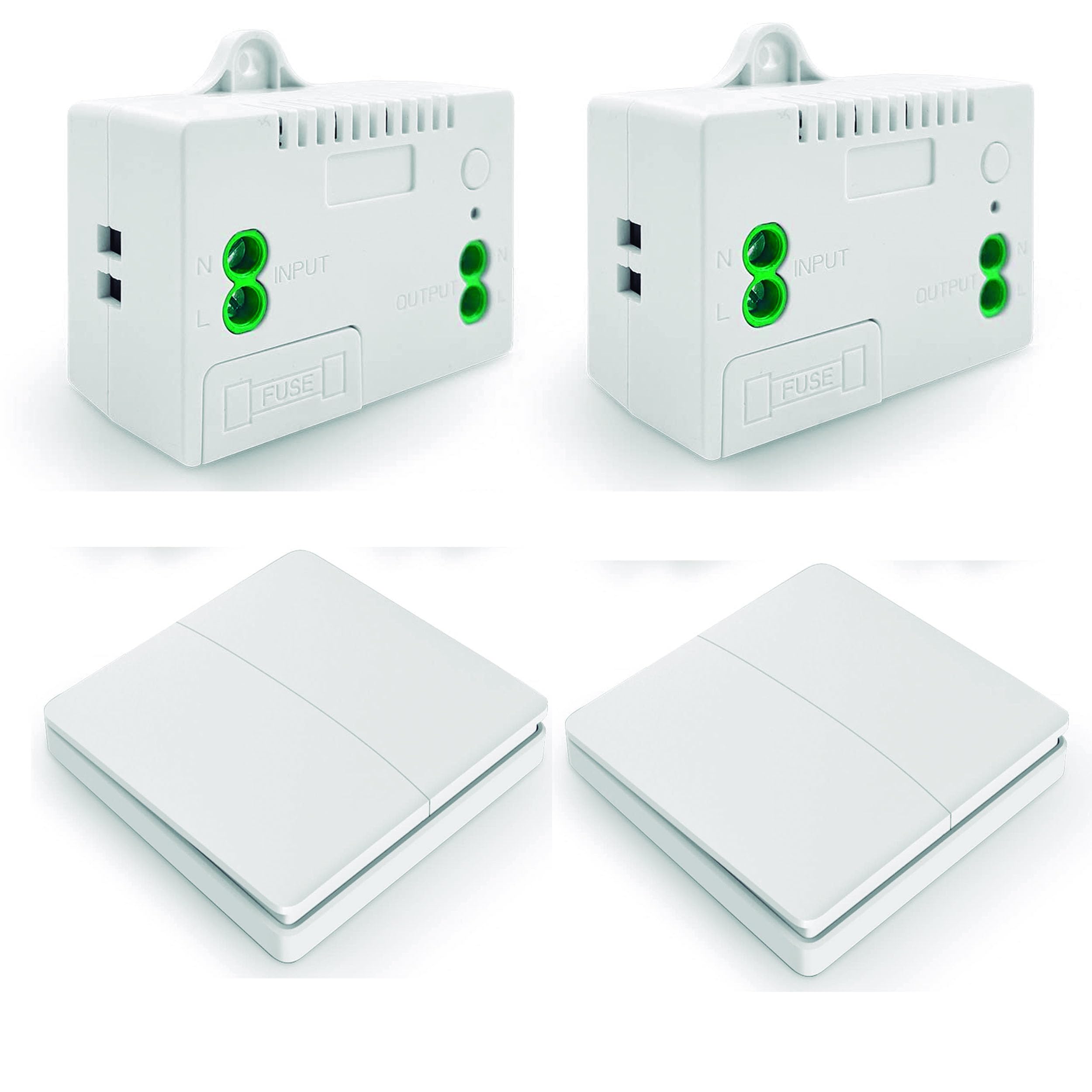 DOMO-MATIC Interruptor de luz cinetico inalámbrico RF de pared y controlador Rele 10A con fusible sin cablear, pulsador sin pila (2 Receptores + 2 interruptores)