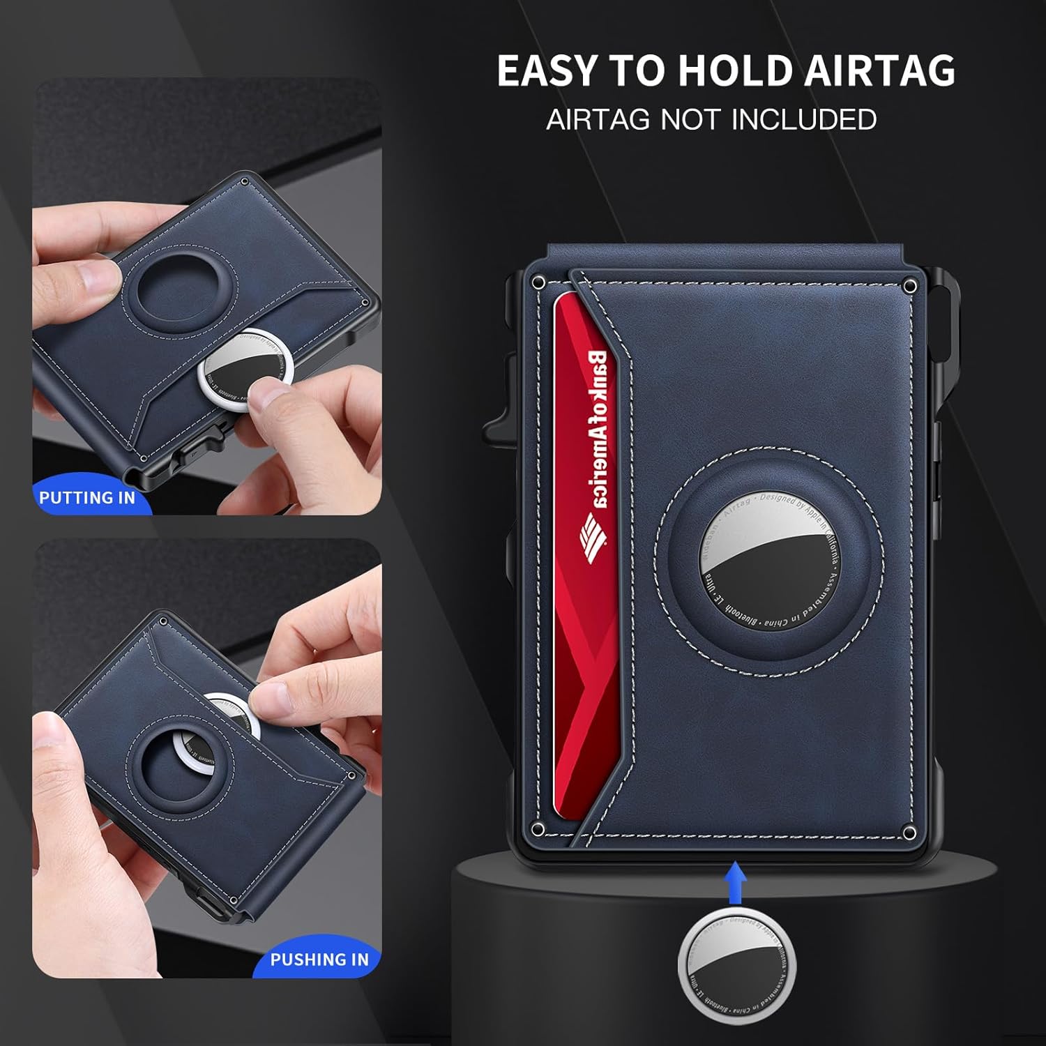 Airtag Wallet for Men, Mens Smart Wallet for Air Tag RFID Blocking, Minimalist Bifold Pop Up Aluminum Credit Card Case Holder 12+ Cards with ID Window, Gift for Men, No Airtag Included, Navy - Image 8