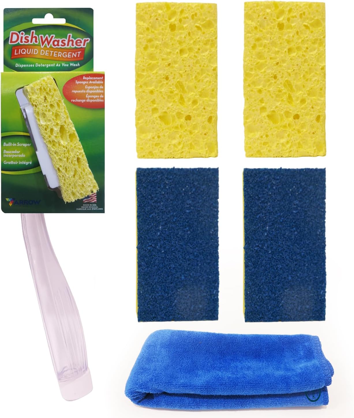 Arrow Dishwand Kit - Soap Dispenser with Handle for Washing and Scrubbing Dishes, Pans - Includes 1 Wand, 2 Refill Sponges and 2 Scrubber Sponges,- Made in USA - Bundled with Peaknip Microfiber Cloth
