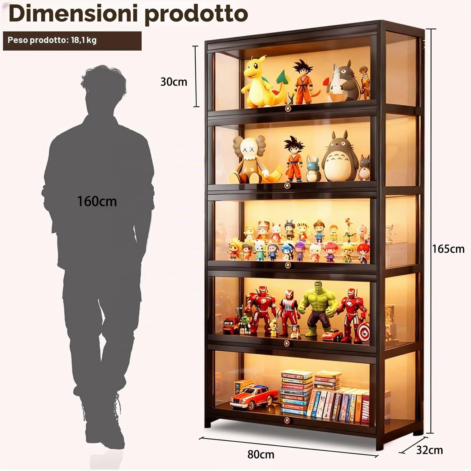 Vetrina con ante in vetro acrilico, 5 piani da collezione organizer per giocattoli, ufficio, sala giochi, soggiorno ﻿ (nero)