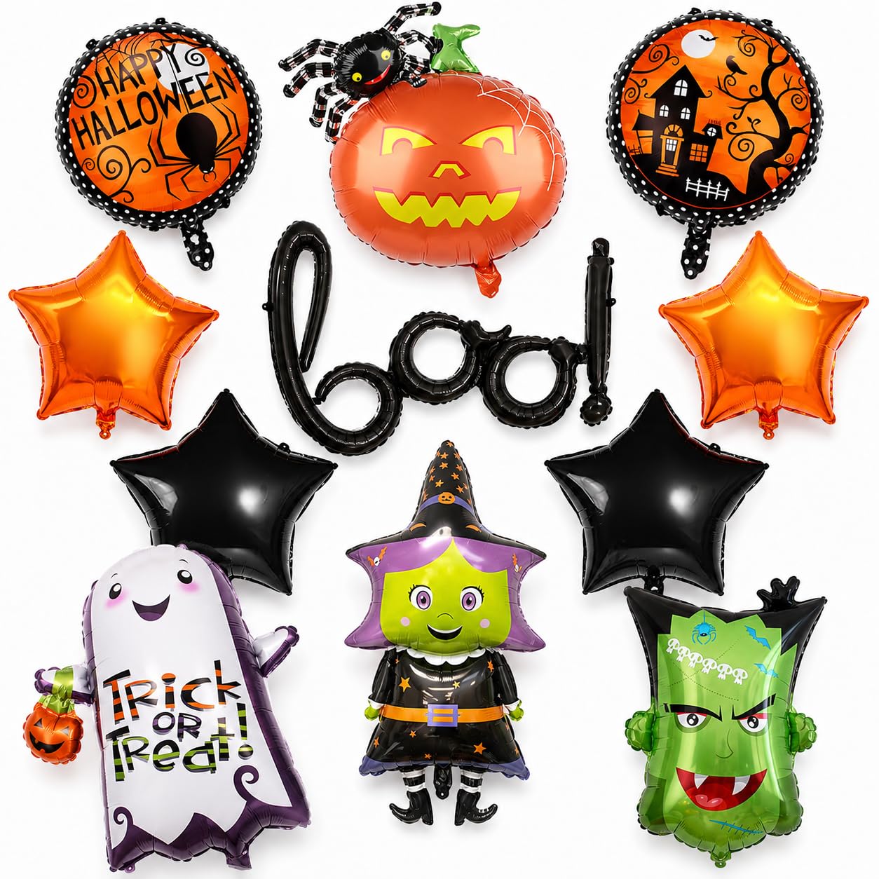 10 Stück Boo Ballon Set, XXL Geist Spinne Kürbis Hexe Monster Folienballon Mit Orange Schwarz Stern Rundes Halloween Party Deko Luftballon für Kinder Happy Nacht Party Dekoration