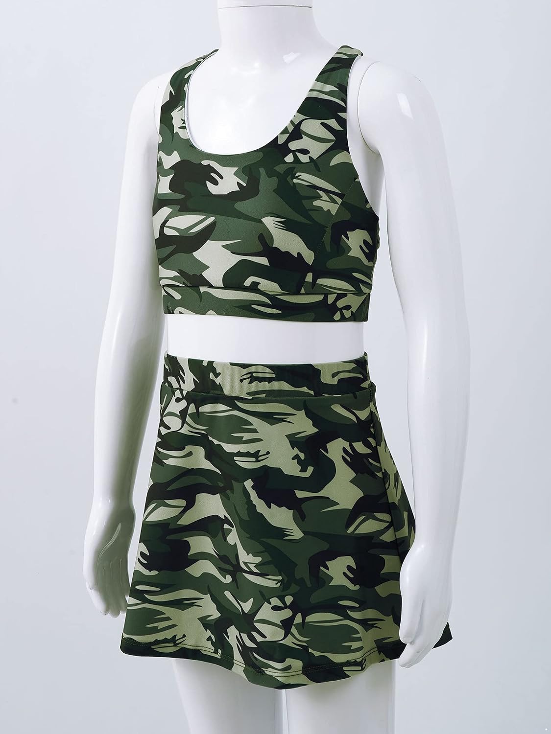 Kids Girls 2Pcs Dance/Sports/Swim Outfit Camouflage Crop Top with Tennis Skorts Workout Activewear