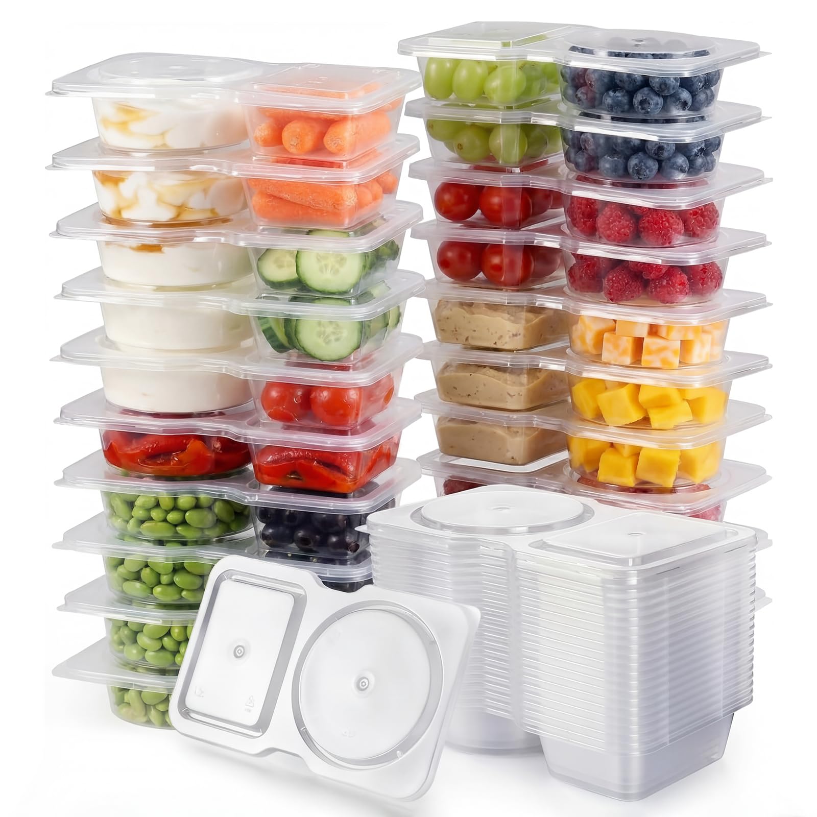 Woobroo 40 Pack Double Compartment Condiment Containers Reusable Snack Containers With Lids - Leakproof Bento Box Style Snack Pots With Compartments For Portion Control(Transparent)