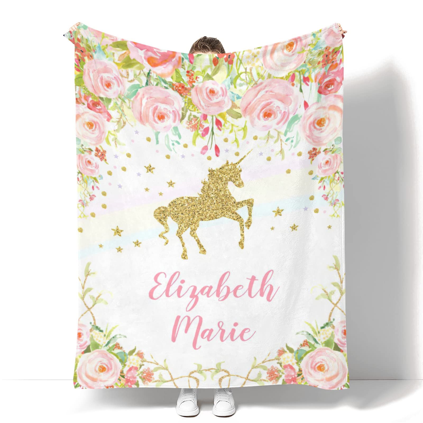 Personalized Unicorn Blanket with Name Custom Baby Blanket for Girls Customized Baby Girl Gifts Soft Plush Fleece Blankets for Shower Nursery Swaddling - Floral Unicorn9 30x40in
