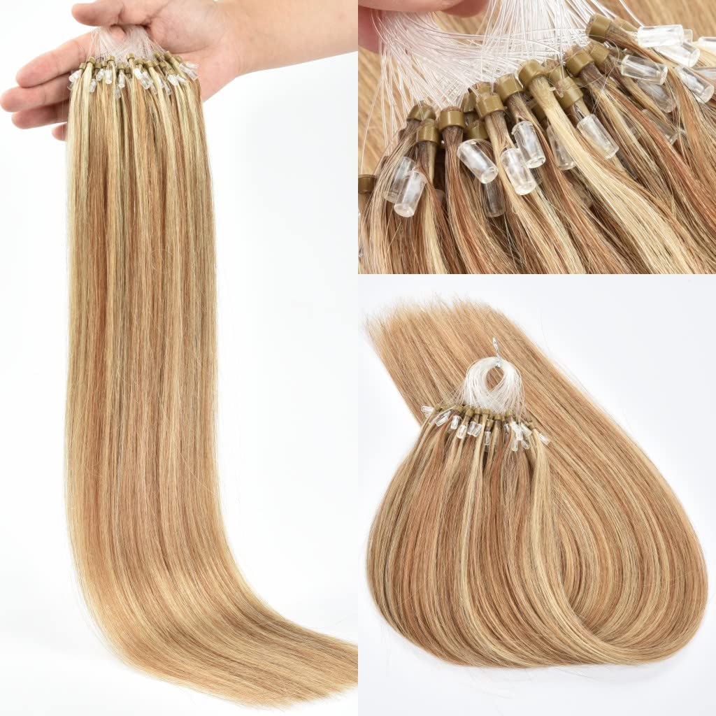 Micro Beads Hair 0.5g/s 100s Straight Human Hair Extensions Easy Loop Brazilian Remy Hair Micro Ring Hair Extensions (14 inch, P#8/613)