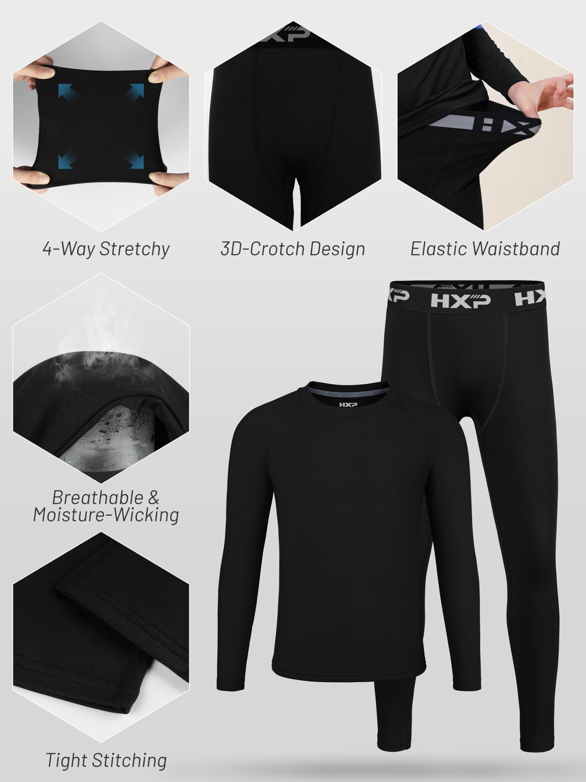 HXP Boys Compression Thermal Base Layer Set, Athletic Youth Fleece Lined Long Sleeve Sports Tops Leggings for Kids - 3