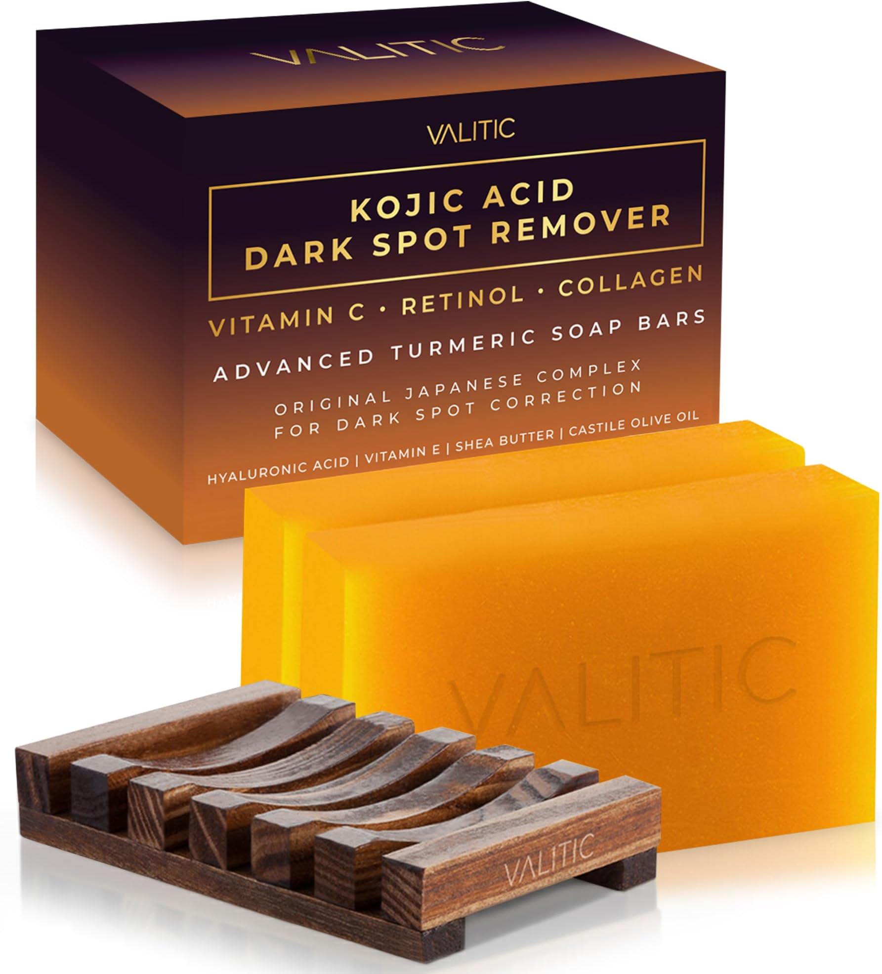 VALITIC Kojic Acid Dark Spot Remover Soap Bars with Vitamin C, Retinol, Collagen, Turmeric - Original Japanese Complex - Hyaluronic Acid, Vitamin E, Shea Butter, Olive Oil (2 Pack) - With Soap Holder