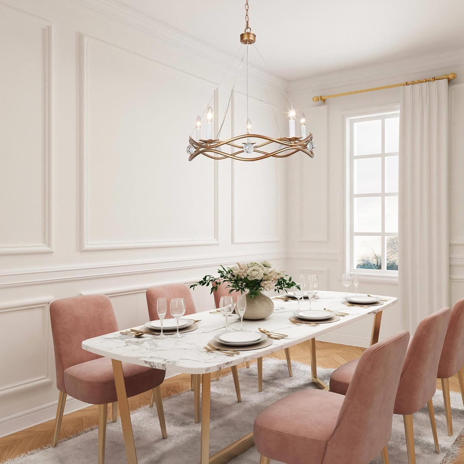 KSANA Gold Chandelier, Modern 5-Light Drum Chandelier Light Fixture with Crystal Drops for Dining Room, Kitchen and Living Room, 25" in Diameter