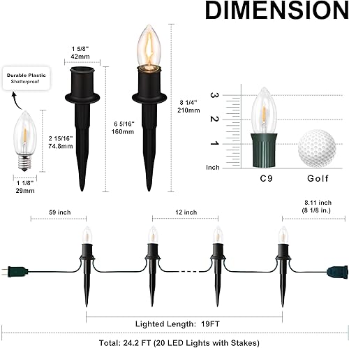 Miniatura 3 de PerPaiMe C9 Luces de camino de Navidad al aire libre LED - 24.2 pies Cadena de luces con 20 bombillas, luces impermeables de camino de Navidad con