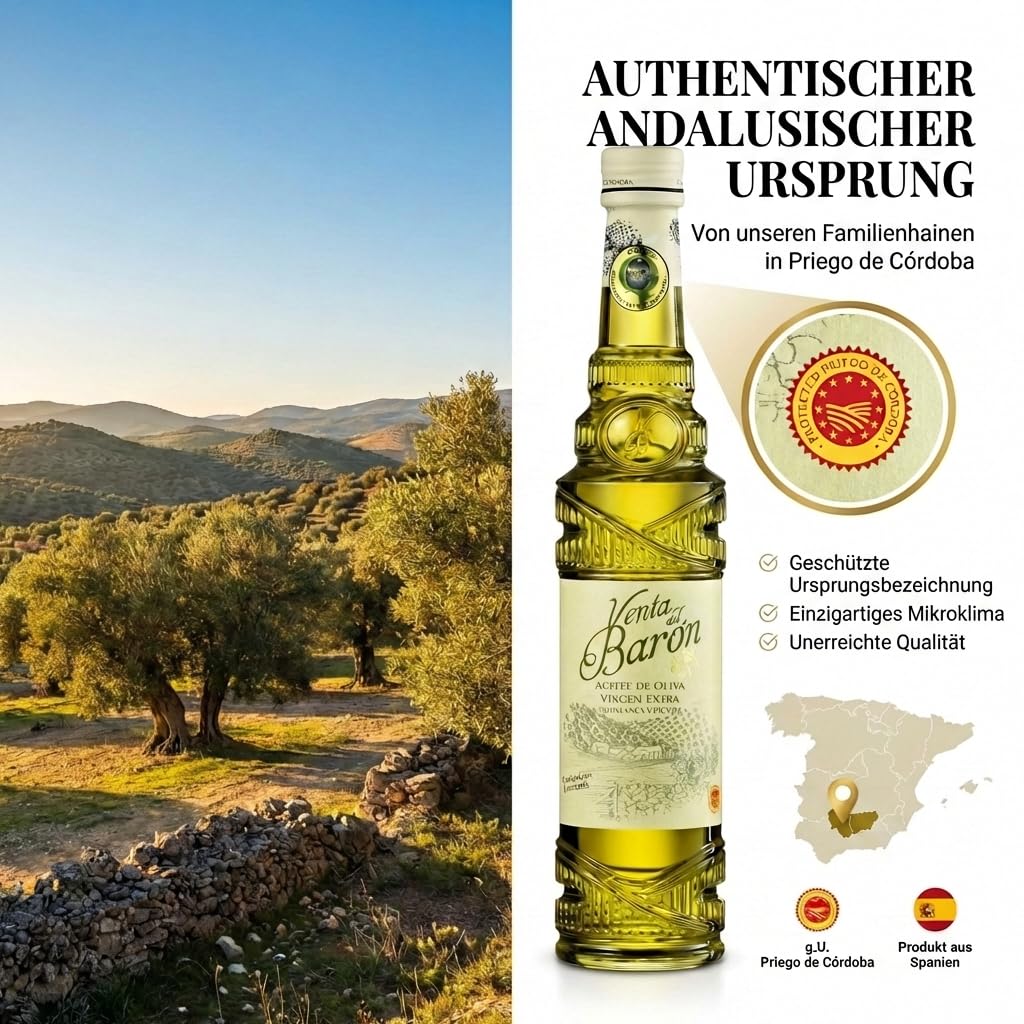 Venta del Barón - Preisgekröntes Premium Natives Extra Virgine Olivenöl Flasche - Kaltgepresst - Sehr hoher Polyphenolgehalt - 500 ml