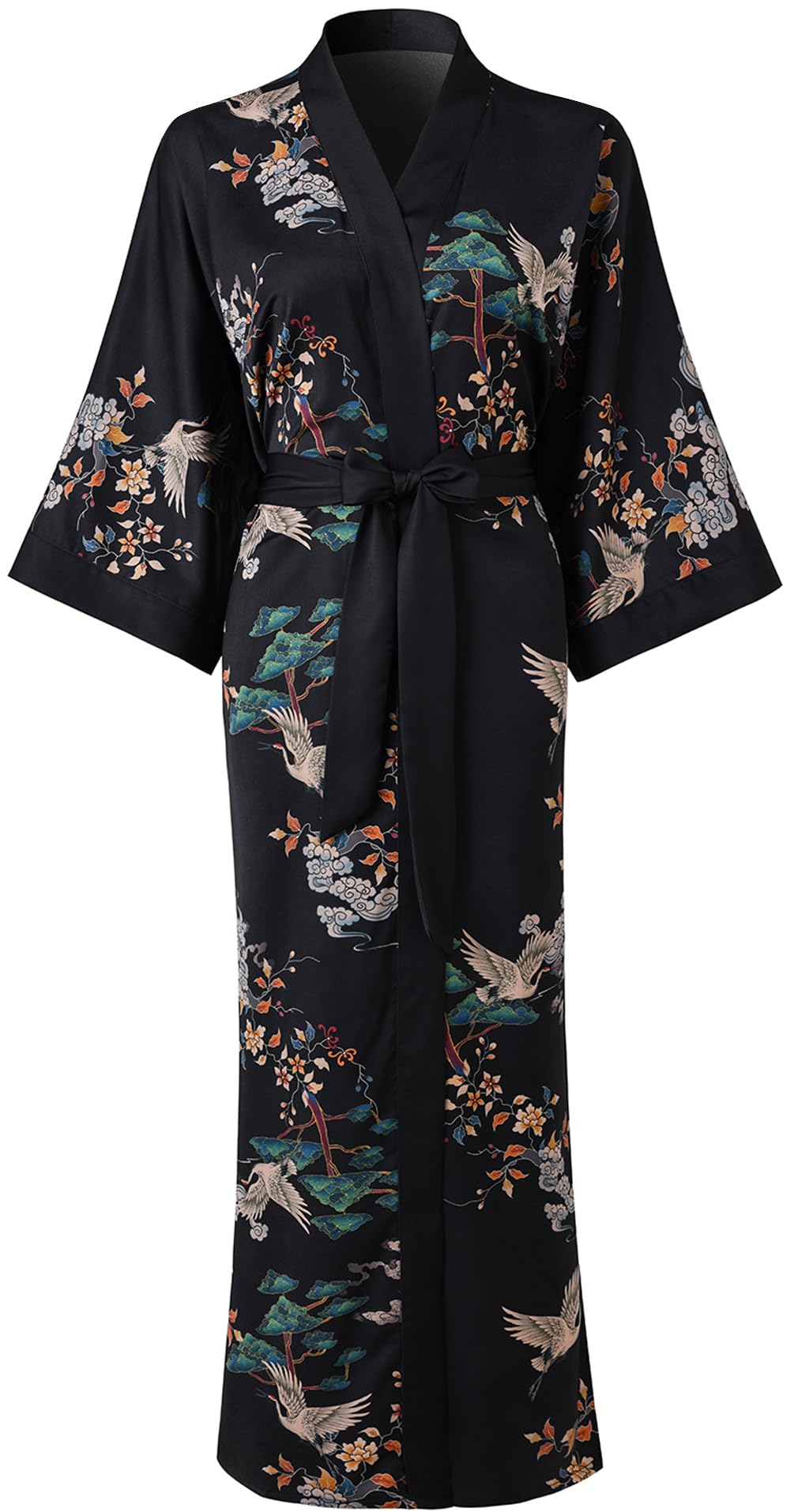 Accappatoio stile kimono lungo da donna, con tasca, motivo floreale, Black-a, taglia unica