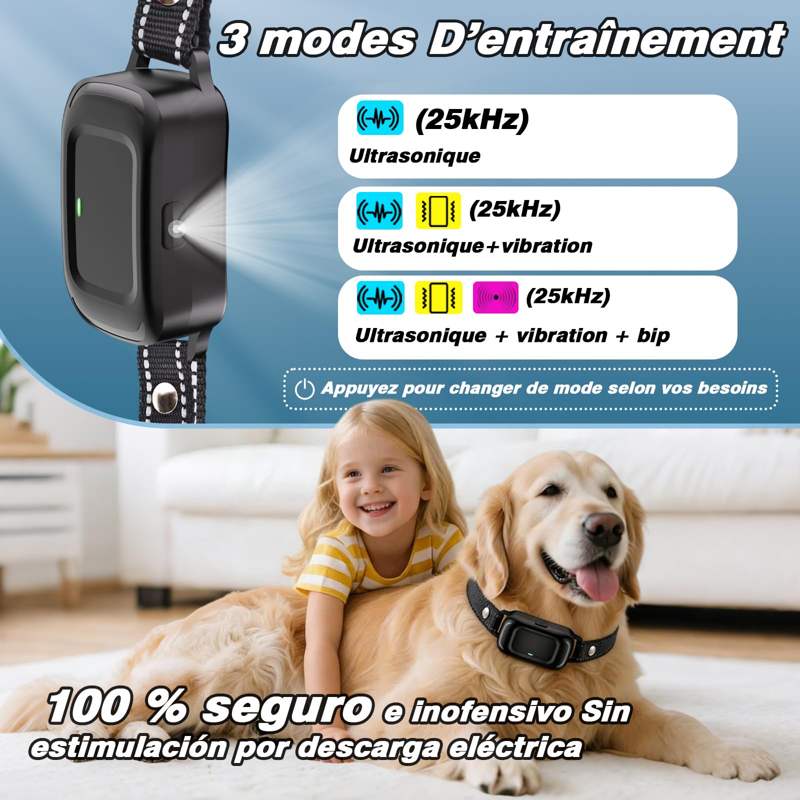 Collier Anti Aboiement Chien, Automatique Collier de Dressage pour Détection Intelligente des Aboiements, Ultrasons/Bip/Vibration, Imperméable IPX7, Rechargeable Anti Aboiement Chien Petit Moyen Grand