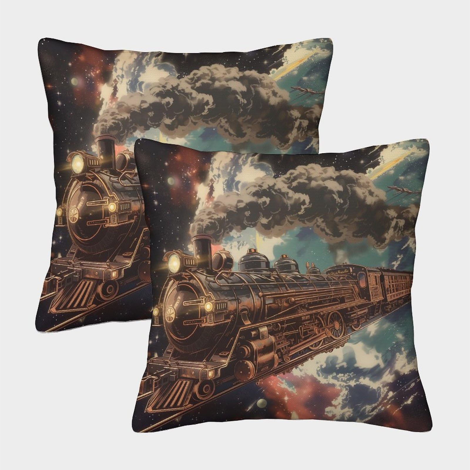 Nraopevvd Style Steam Train Cushion Cover Set Of 2 Decorative Machine Washable Pillowcases Square Cushions With Invisible Zipper Cushion Covers For Living Room Sofa Couch Bed Throw Pillow Cases 40X40cm