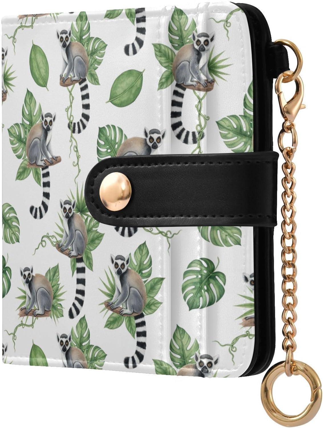 Lemur Green Leaves pattern Small Wallet for Women RFID Blocking Leather Bifold Small Purse with Zipper Coin Pocket Card Holder ID Window, Compact Credit Card Case